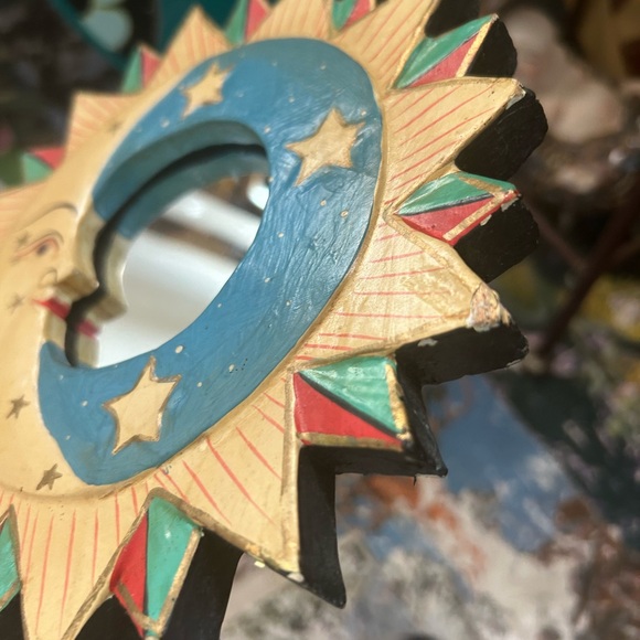 Vintage Celestial Round Wooden Mirror Sun Moon and Stars Bohemian Indonesia 7.5" - Picture 6 of 16